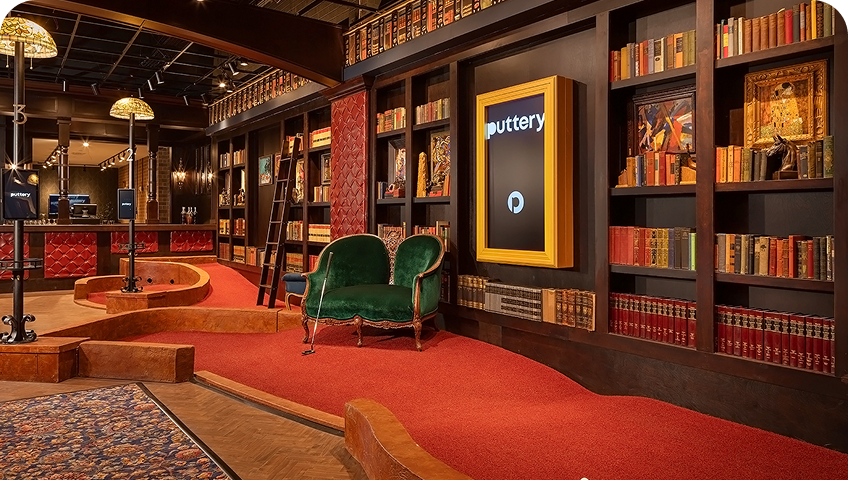 Puttery Chicago indoor mini golf and cocktail bar with colorful lounge seating