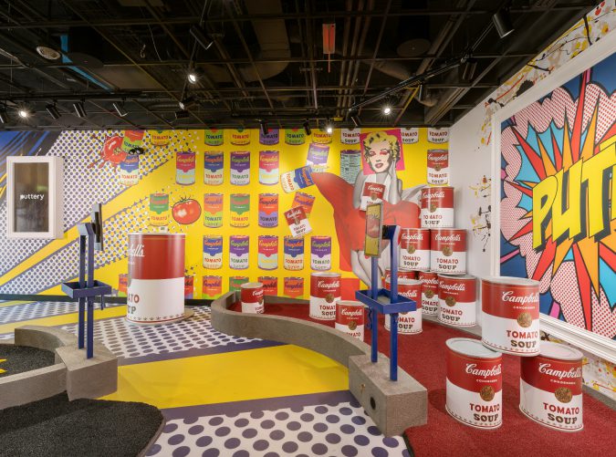 andy warhol pop art putt putt course with campbells tomato soup cans
