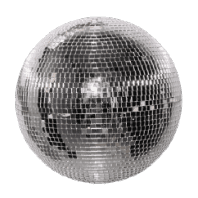 Disco ball with a mirrored mosaic reflecting light, a spherical party decoration.