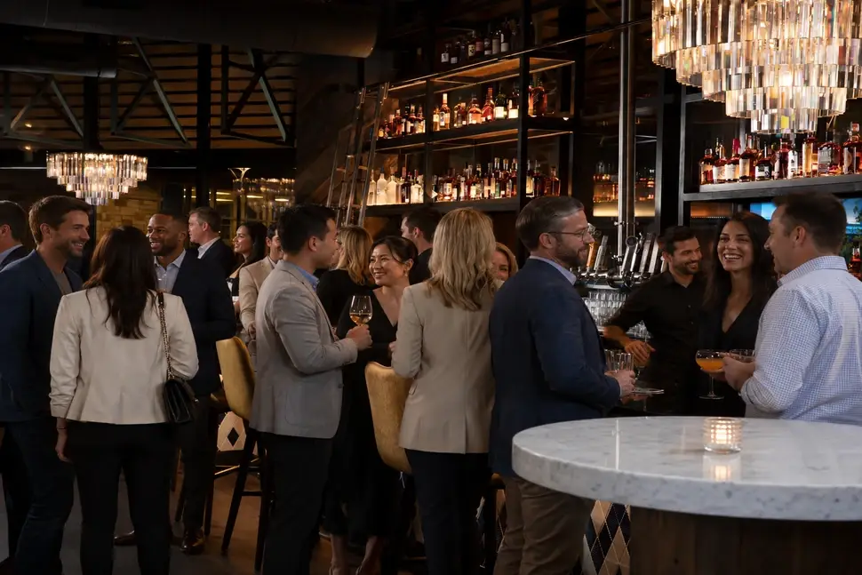 Diverse corporate group enjoying cocktails and conversation at the Puttery Dallas bar in Grandscape.