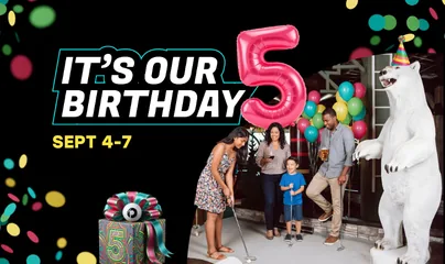 Puttery 5th birthday celebration graphic with a large pink number 5, guests, balloons, confetti, mini golf imagery and a white bear mascot for September 4–7.