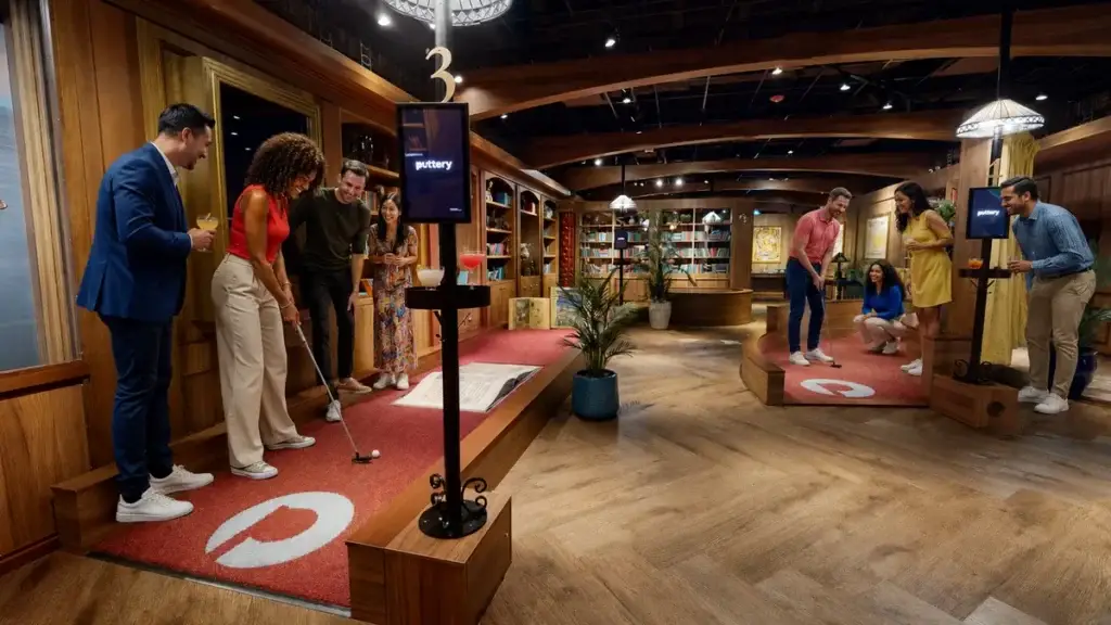 Two groups of coworkers play mini golf and cheer each other on during a team-building event on the Library course at Puttery Chicago.