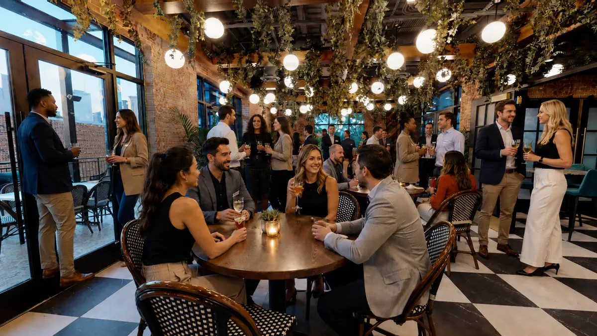 Corporate group enjoying cocktails and conversation during a private event at Puttery Houston.