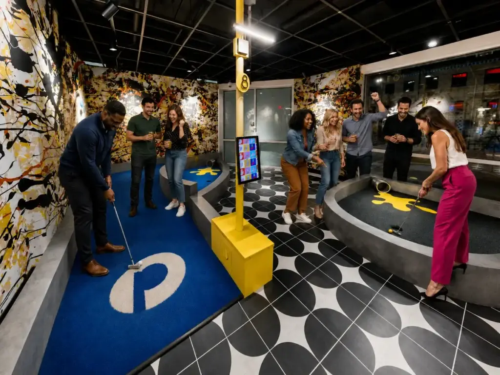 Coworkers compete and cheer during a team-building mini golf event on the Pop Art course at Puttery Kansas City.