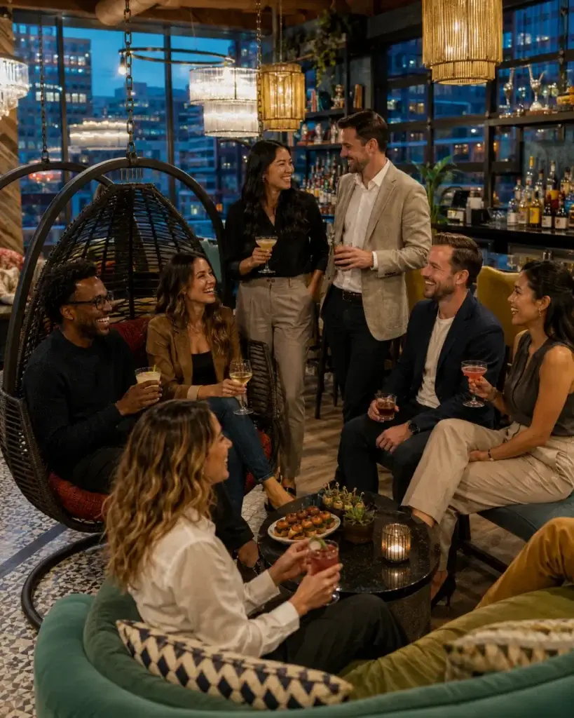 Coworkers enjoying cocktails and appetizers during a corporate event at Puttery Chicago.