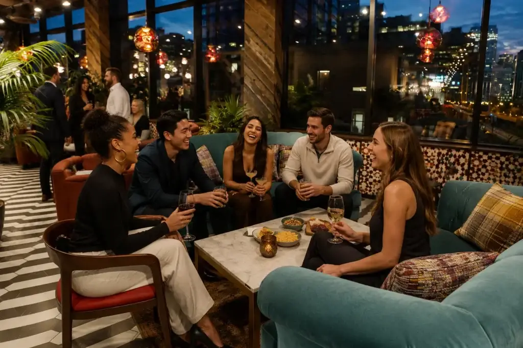 Corporate group sharing drinks in the lounge at Puttery Chicago with downtown views.