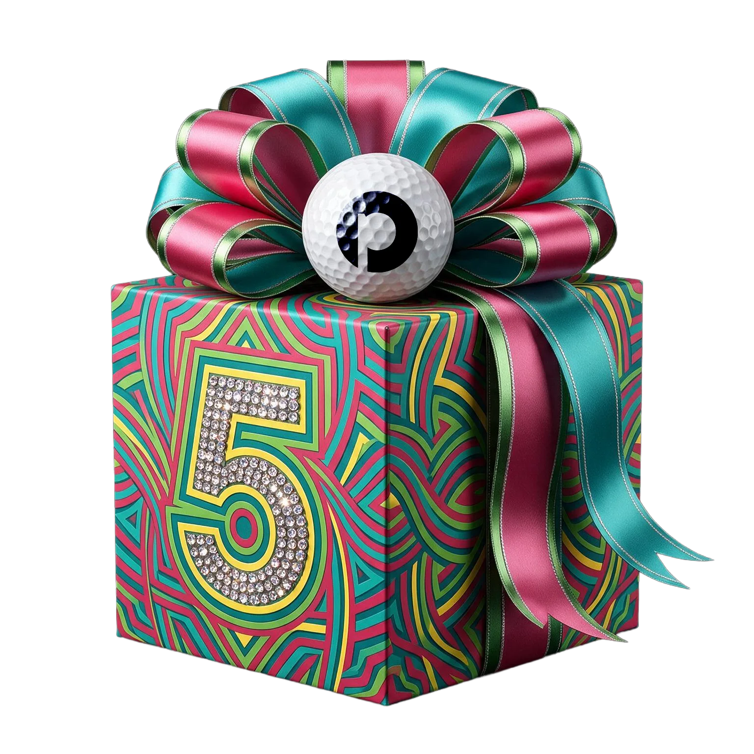 Colorful birthday gift box with a jewel-studded '50' and teal-pink ribbon bow
