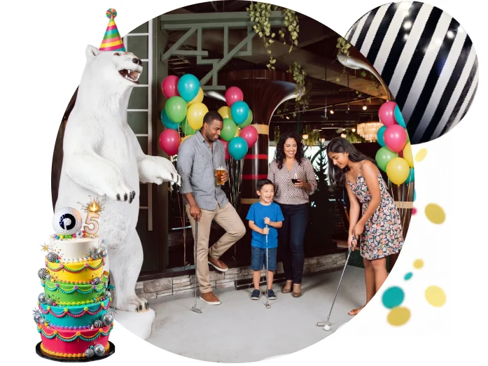 A family birthday party scene with colorful balloons, a multi-tier cake, and a polar bear statue wearing a party hat nearby.