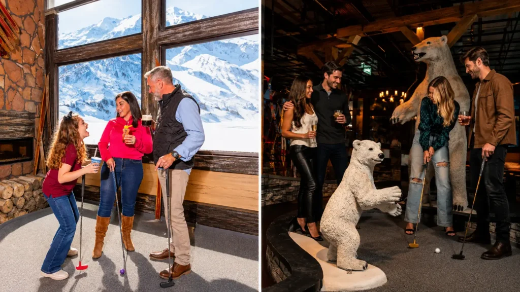 Side-by-side view of a Puttery course with a family playing during the day and adults enjoying date night after dark.