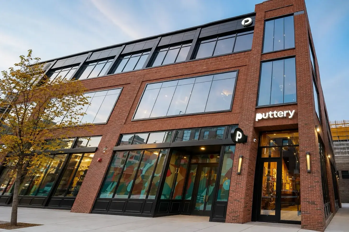 Exterior of Puttery Chicago in Fulton Market, featuring the brick-and-glass building, Puttery signage, and main entrance.