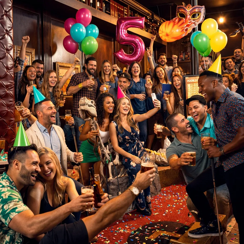 A large group of friends at a bar party, raising drinks and celebrating around a pink number 5 balloon, with confetti and balloons overhead.