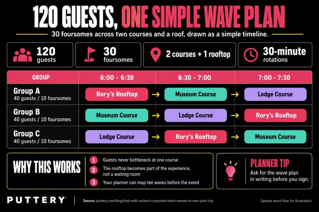 120 Guests, One Simple Wave Plan at Puttery New York City - Puttery Puttery New York City wave-plan diagram showing how 120 guests can rotate in 30 foursomes across Rory’s Rooftop, the Museum Course, and the Lodge Course in 30-minute waves.