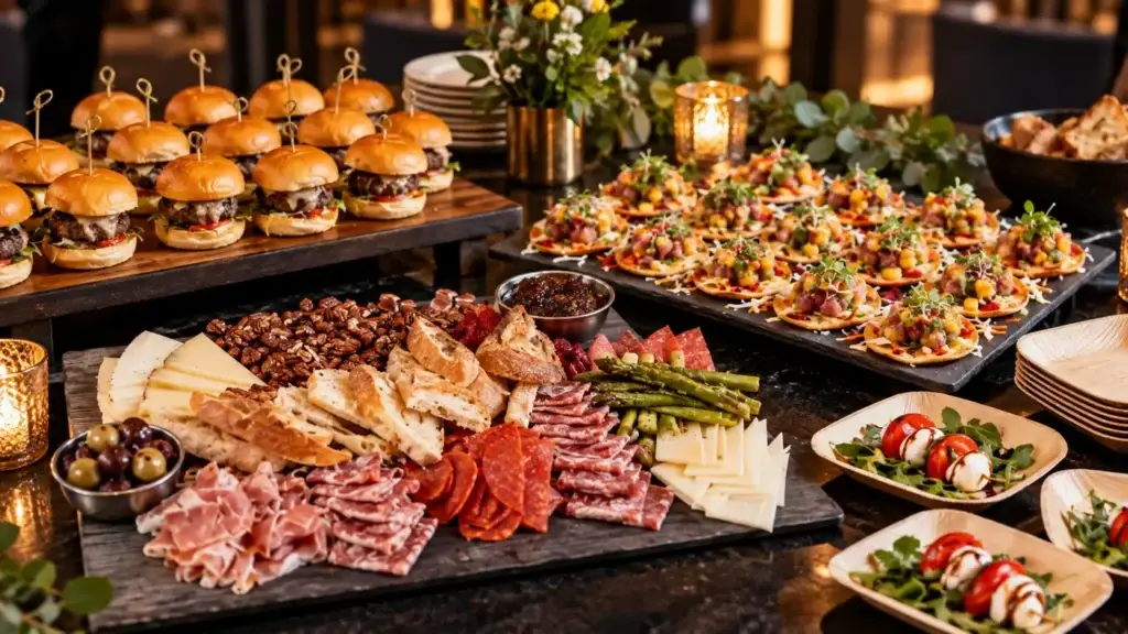 Puttery Corporate Event Food Spread - Puttery Corporate event food spread at Puttery featuring sliders, tuna bites, charcuterie, caprese bites, and shareable plates.
