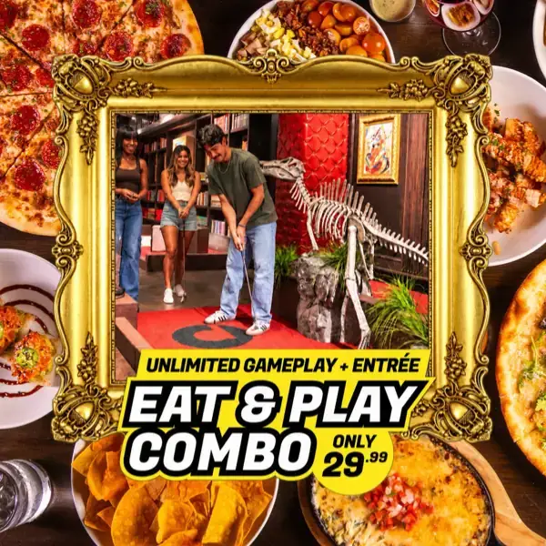 Puttery Eat & Play Combo – Unlimited Gameplay + Entrée - Puttery Puttery Eat & Play Combo featuring unlimited mini golf gameplay and an entrée for .99, shown with guests playing an immersive course surrounded by Puttery food.