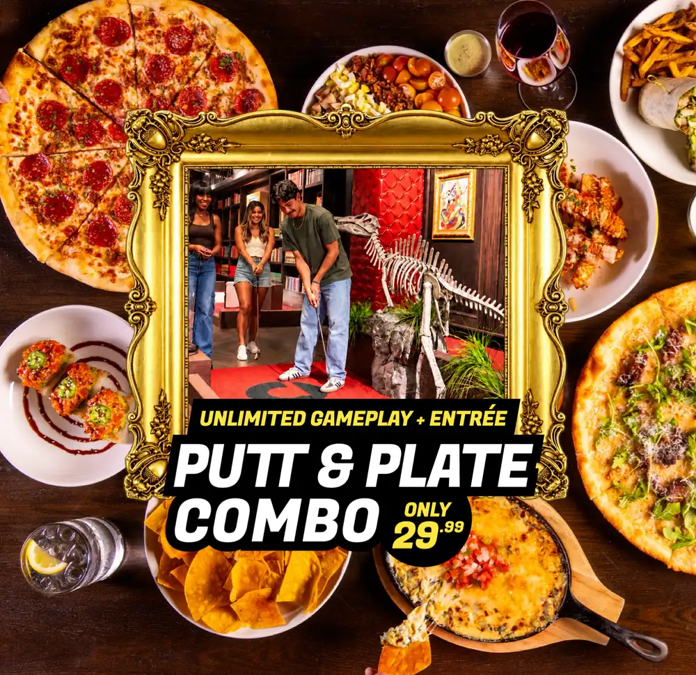 Puttery Putt & Play Combo – .99 - Puttery Puttery promotion featuring friends playing mini golf and a spread of food, offering unlimited gameplay and an entrée for .99.