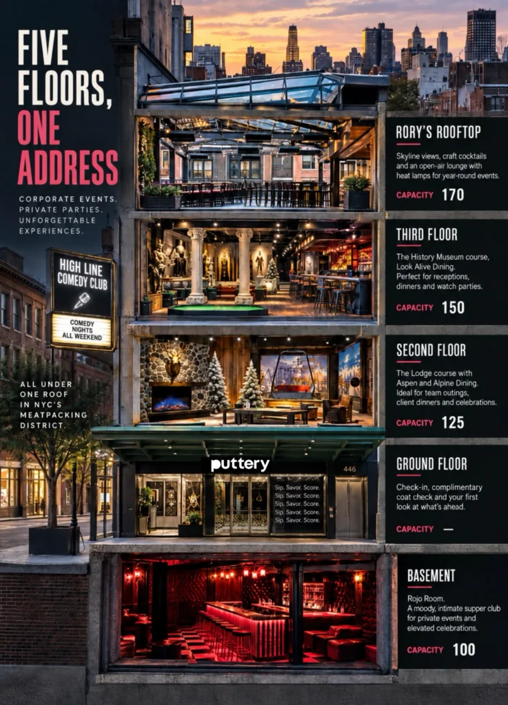 Puttery New York City Five Floors One Address Event Spaces - Puttery Five Floors, One Address infographic showing Puttery New York City event spaces, including Rory’s Rooftop, the History Museum course and Look Alive Dining, the Lodge course with Aspen and Alpine Dining, ground-floor check-in, and the basement Rojo Room in the Meatpacking District.