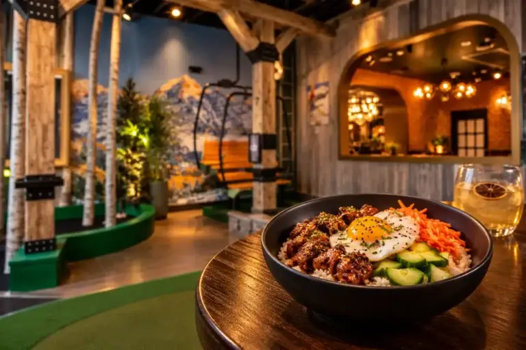 Korean power bowl with fried egg, cucumber, pickled carrots and sauced beef on a table overlooking the Lodge mini golf course at Puttery Miami.