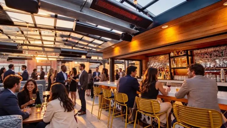 Corporate group gathering at Rory’s Rooftop, the rooftop bar at Puttery New York City and a corporate event venue in the Meatpacking District.