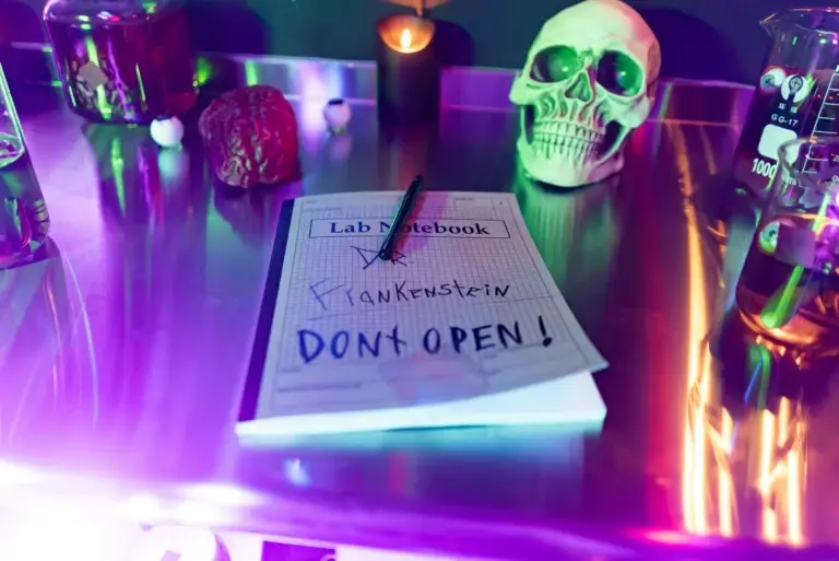 A lab workstation with a neon-lit metal surface, a skull prop and a brain model beside a notebook labeled 'Lab Notebook' and a black pen, with a bold 'DON'T OPEN!' warning visible on the page.
