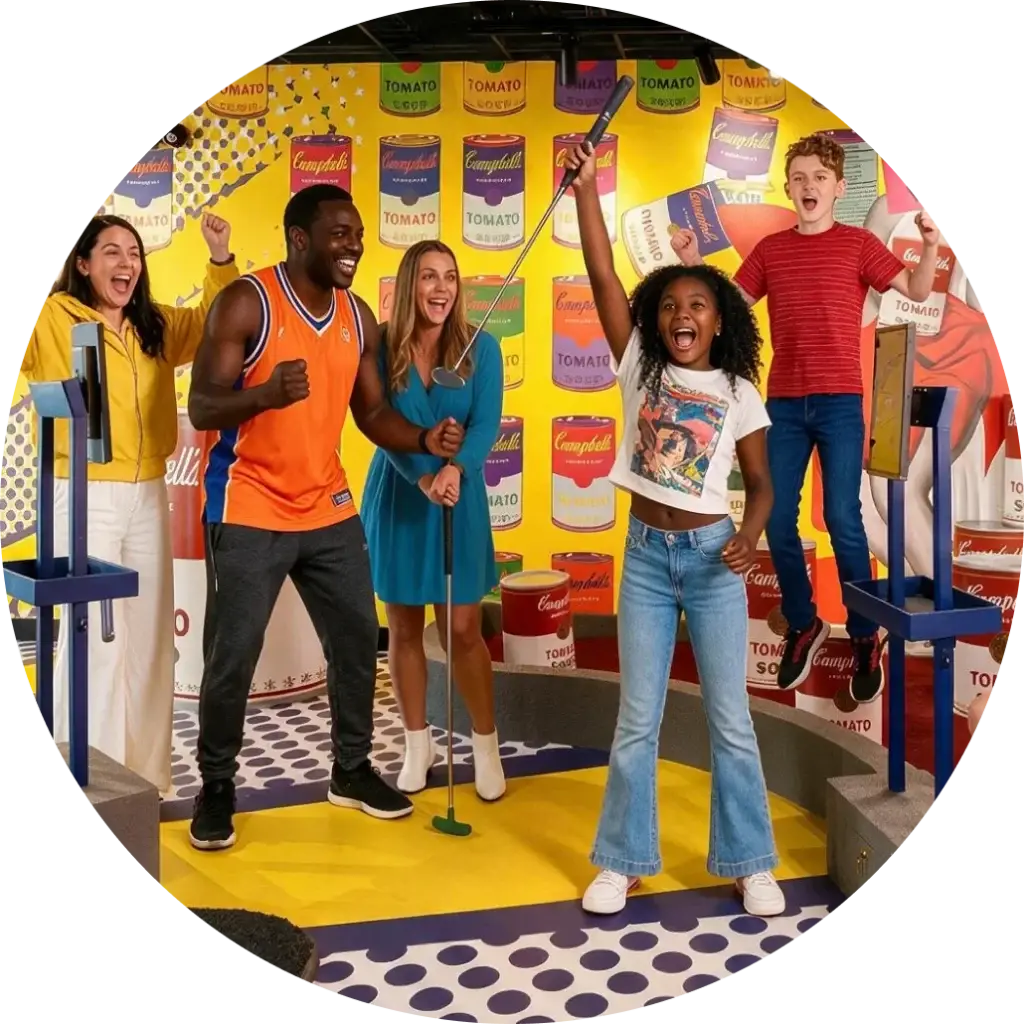 Group cheering during a game at a themed Puttery mini golf course