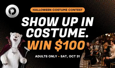 Puttery Halloween Costume Contest graphic featuring a polar bear in a vampire costume, costumed adults, and a chance to win a $100 gift card on October 31, 2026.
