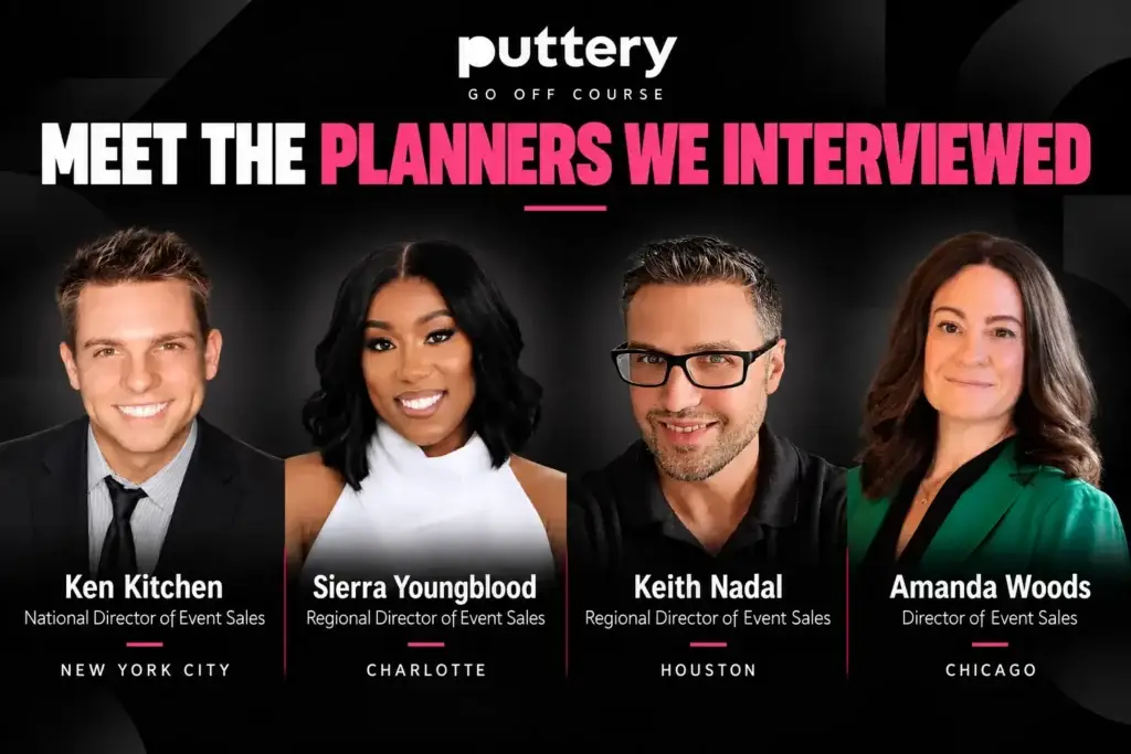 Puttery graphic featuring four event sales leaders interviewed for the blog post: Ken Kitchen in New York City, Sierra Youngblood in Charlotte, Keith Nadal in Houston, and Amanda Woods in Chicago.