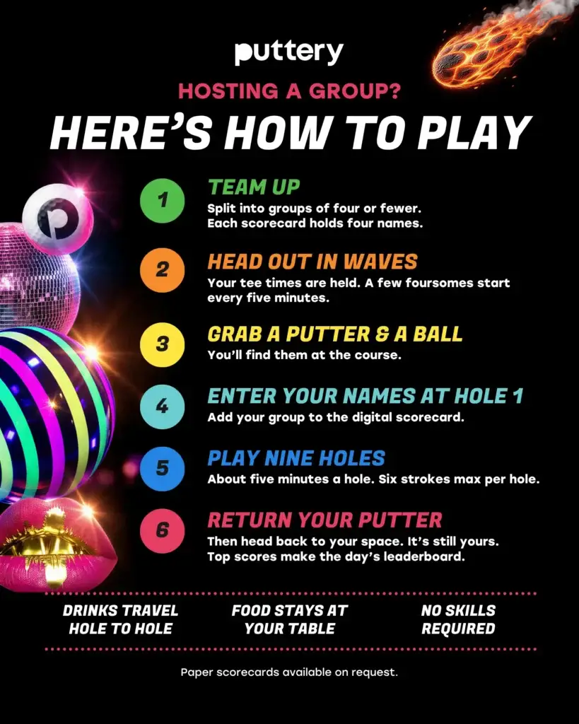 Puttery group gameplay guide showing six steps for how corporate and group events play mini golf, from splitting into foursomes to returning putters after nine holes.