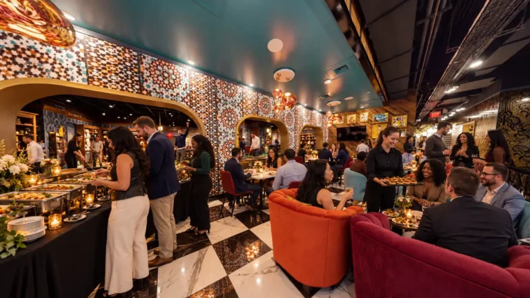 Corporate event at Puttery Minneapolis with guests enjoying a catered food station, cocktails and indoor mini golf.